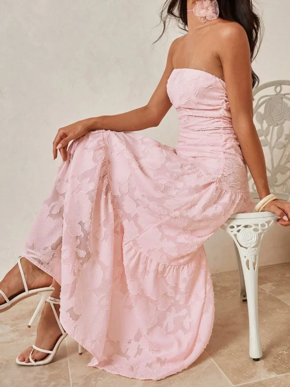 Pink Elegant Women's Romantic Jacquard Maxi Tube Dress - Picture 5 of 9